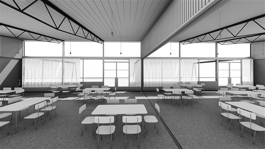 Perspectiva interior del Aula Integral versión A, 1956, con los
tabiques-pizarrón desplazados hacia el exterior.