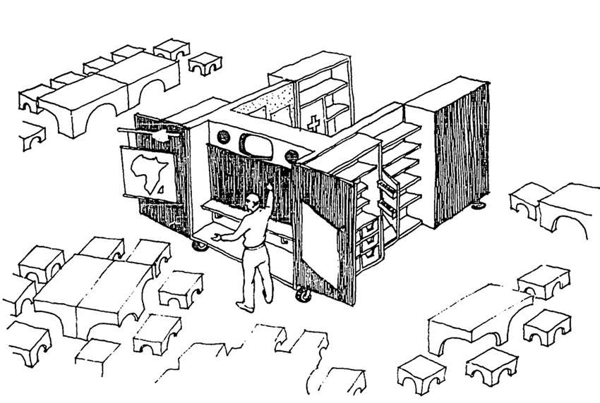 Croquis del pédagobloc, unidad de enseñanza móvil para el Instituto regional de
construcciones escolares en África. Pierre Bussat y Kamal el Jack (1970)