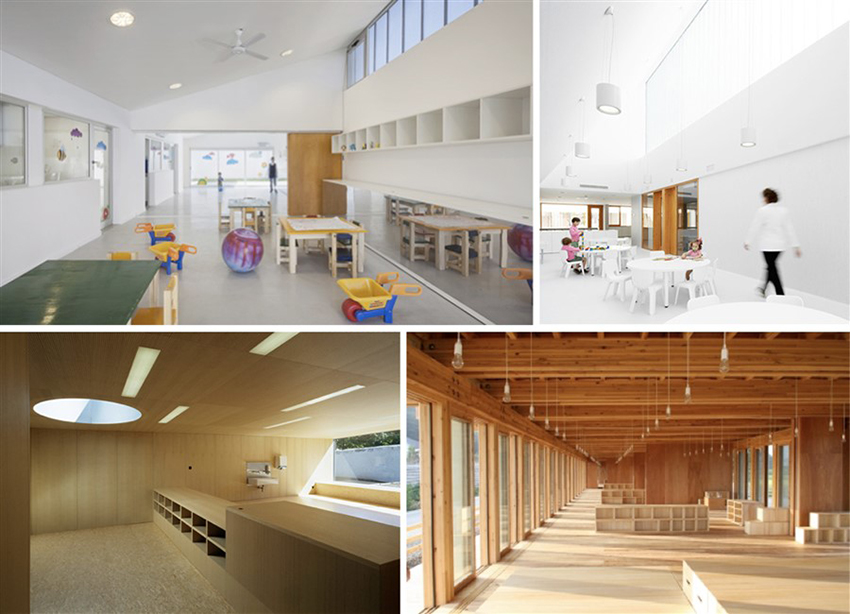 Distintas
aulas: Jardín Municipal Barranquitas, de la Subsecretaría de Obras de Arquitectura
de Santa Fe (Argentina); guardería en Berriozar, de Larraz, Beguiristain y Bergera
(España); jardín de infantes Les Chatons de GD Architectes (Suiza) y jardín de
infantes Yamamoto Fuji de Tezuka Arquitectos (Japón). Fuentes: Subsecretaría de Obras de Arquitectura (2013); Larraz, Beguiristain
y Bergera (2013); GD Architectes (s.f.) y Tezuka Architects (s.f.),
respectivamente.