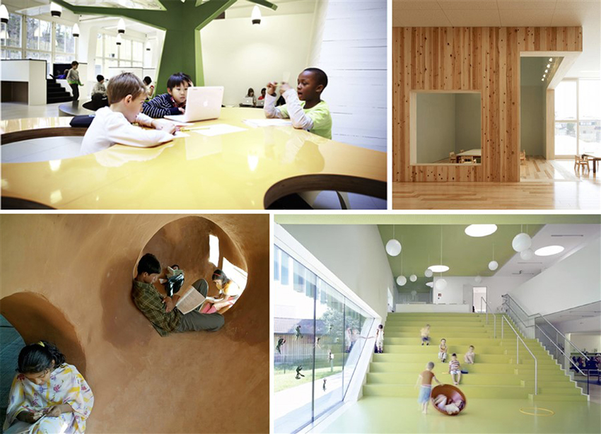  Distintos
espacios escolares con múltiples posibilidades de uso: escuela Vittra Telefonplan
de Rosan Bosch (Suecia); jardín de infantes Leimondo de Archivision Hirotani
Studio (Japón); escuela Meti de Anna Heringer y Eike Roswag (Bangladesh) y jardín
de infantes Sighartstein de Kadawittfeldarchitektur (Austria). Fuentes:
Bosch (s.f.); Archivision Hirotani Studio (2011);
Heringer y Roswag (s.f.) y Kadawittfeldarchitektur (2009),
respectivamente.