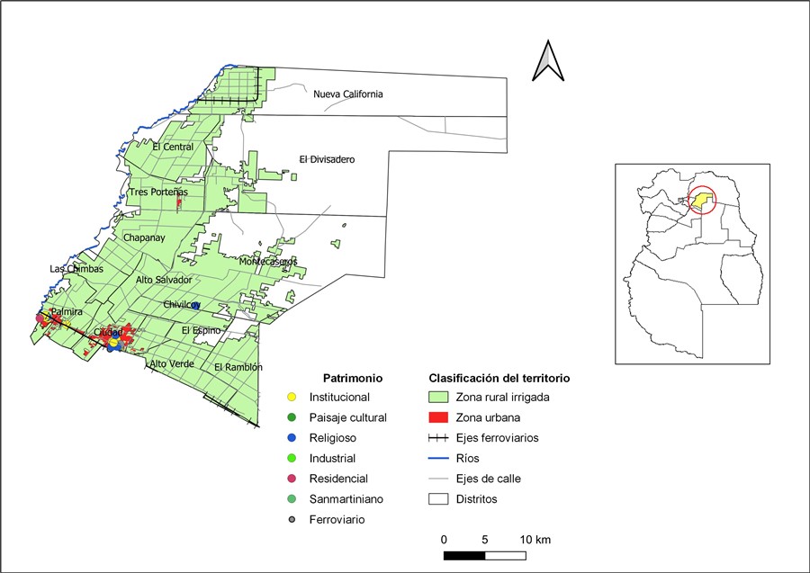 Distribuci&oacute;n de bienes patrimoniales en el departamento San Mart&iacute;n. Fuente: elaboraci&oacute;n sobre la base de datos de la Direcci&oacute;n de Patrimonio Cultural y Museos de Mendoza (2019).