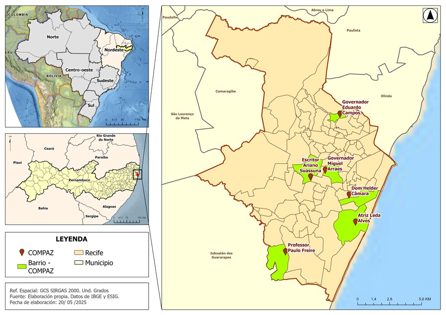 Localizaci&oacute;n de los seis COMPAZ en la ciudad de Recife