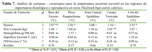 Análisis de varianza – covarianza para la temperatura
sectorial escrotal en las regiones de importancia histológica y reproductiva en
toros Fleckvieh bajo estrés calórico.