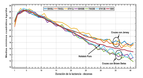 Curva de lactancia de los animales Holstein puro y diferentes cruces con sementales Brown Swiss o Jersey.

 