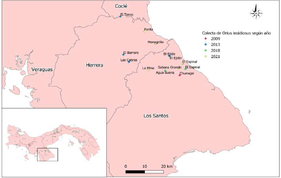 Localización geográfica de
los sitios muestreados en las provincias de Herrera y Los Santos (periodo
2009-2021). Colecta 2009: punto rojo; 2013: punto azul; 2018: punto verde;
2021: punto amarillo. Coordenadas (Tabla 1).

 