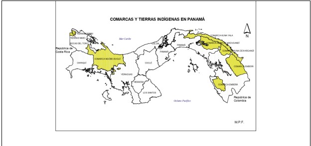 Comarcas y tierras indígenas en Panamá: los Embera poseen una comarca
  dividida en dos distritos comarcales: Cémaco y Sambú, próximos a la República
  de Colombia.