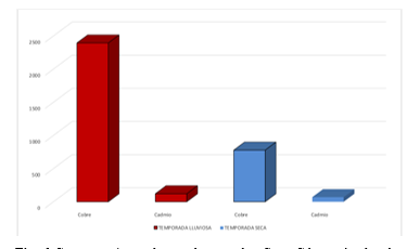 Concentraciones de metales pesados Cu y Cd en gónadas de Anadara
tuberculosa por época de estudios