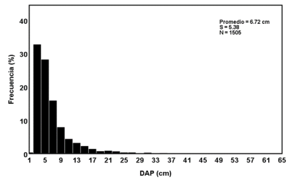 Distribución diamétrica (DAP) de los árboles en el mangar de Pixvae. Muestreo realizado entre febrero y abril de 2021. 



 