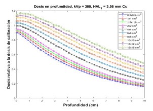 Dosis relativa en profundidad calculadas en este trabajo para una calidad de haz de 300 kVp, para diferentes tamaños de campo.