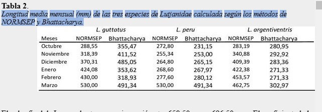 Longitud media mensual (mm) de las tres especies de Lutjanidae calculada según los métodos de NORMSEP y Bhattacharya.