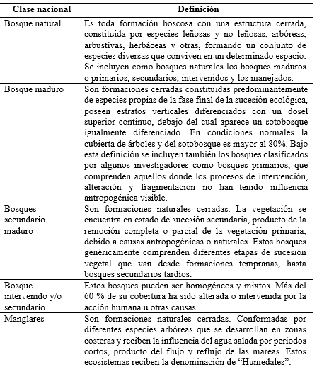 Clasificación y definiciones de coberturas vegetales según ANAM/OIMT