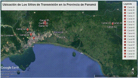 Ubicación de todos
los sitios de transmisión para la provincia de Panamá