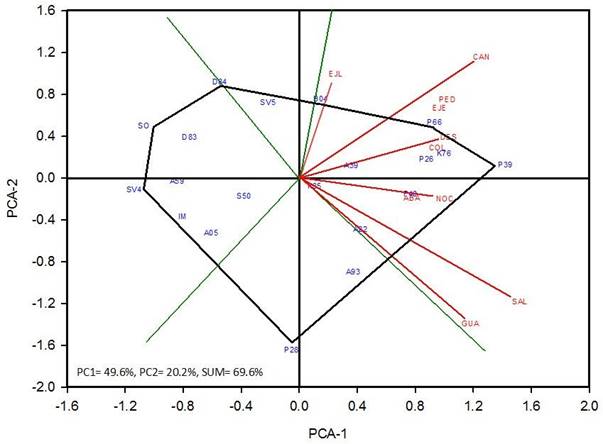  Puntuaciones del primer y segundo eje
del componente principal de 20 híbridos de maíz grano blanco en 10 localidades
de Azuero, Panamá, 2016 (Biplot GGE-SREG).