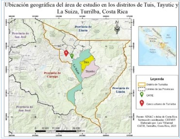Mapa de la ubicación geográfica del área de estudio, Turrialba, Costa Rica
