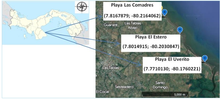 Localización de los sitios de muestreo en la costa
del distrito de Las Tablas, provincia de Los Santos