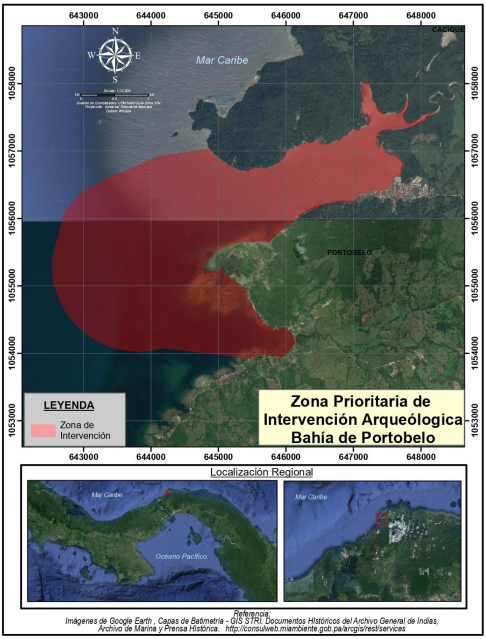  zona de mayor potencial de arqueológico,
Bahía de Portobelo.