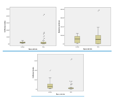 Gráficos comparativos de los recuentos
bacterianos en las épocas del año (lluviosa y seca).Arriba:
gráficos de los coliformes totales y bacterias aeróbicas que no mostraron
diferencias significativas (P>0.005) en las épocas. Abajo: gráfico de coliformes fecales que mostraron diferencias entre las épocas(P<0.05).Comparative graphs of the
bacterial counts in the seasons (rainy and dry). Above: graphs of total
coliforms and aerobic bacteria that showed no significant differences (P>
0.005) in the seasons. Bottom: graph of fecal coliforms that showed differences
between seasons (P <0.05).