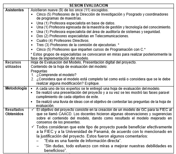 Sesión de evaluación del modelo de GC propuesto por expertos.