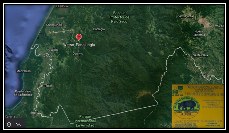 Localización del área de estudio, Centro Ecológico
Wetso, PILA, Bocas del Toro.