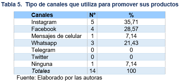 Tipo de canales que se utiliza para promover sus productos