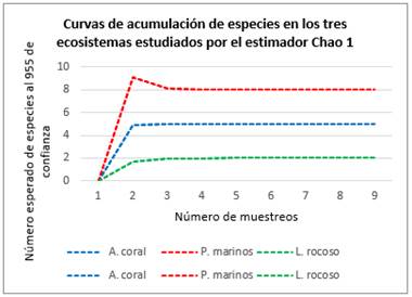 Curvas de acumulación de especies de erizos de mar (95%
de confianza),  Kusapín (Saborikäte), Ngäbe-Buglé, Bocas del Toro