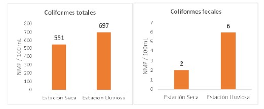 Medias de los recuentos microbiol&oacute;gicos (coliformes totales y fecales) agrupados  por &eacute;poca del a&ntilde;o en el R&iacute;o Suay durante el a&ntilde;o 2021