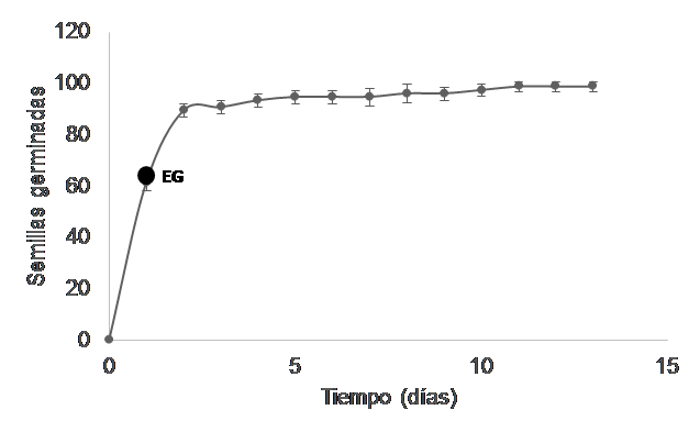 Porcentaje de germinación diaria acumulada en función del tiempo.