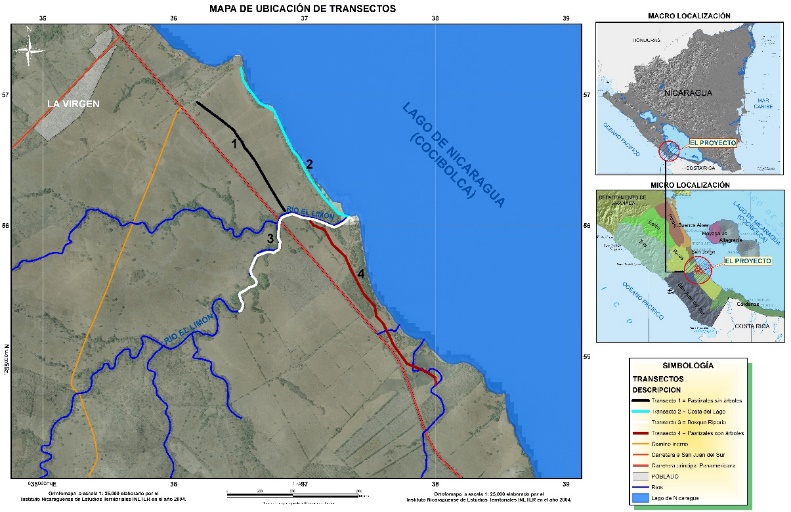 Figura
1.- Ubicación de transectos. Central eólica Eolo de Nicaragua S.A 2011-2012.