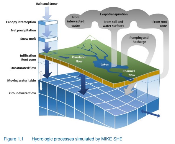 Figura 6. Procesos hidrol&oacute;gicos simulados por MIKE SHE. Fuente: DHI, 2022