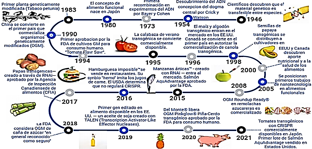 Figura 4. L&iacute;nea de
tiempo de los alimentos transg&eacute;nicos. Fuente propia, adaptado por los autores.