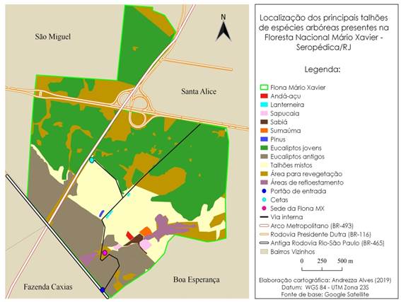 Mapa de espacialização dos principais talhões de espécies arbóreas
presentes na Floresta Nacional Mário Xavier, Seropédica – RJ 