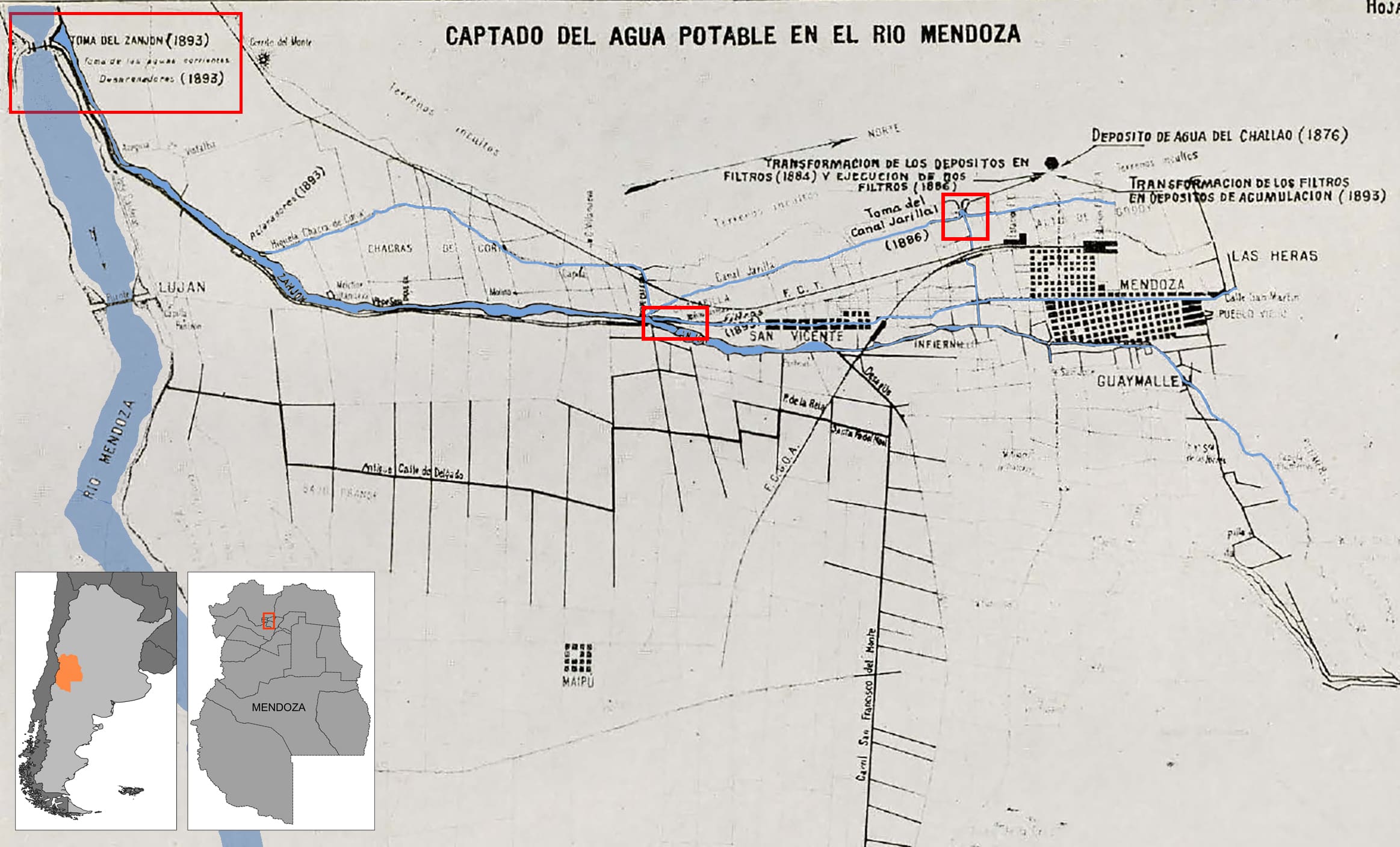  Provisión de agua
del Río Mendoza a fines del S. XIX, tomas y cronología de las obras