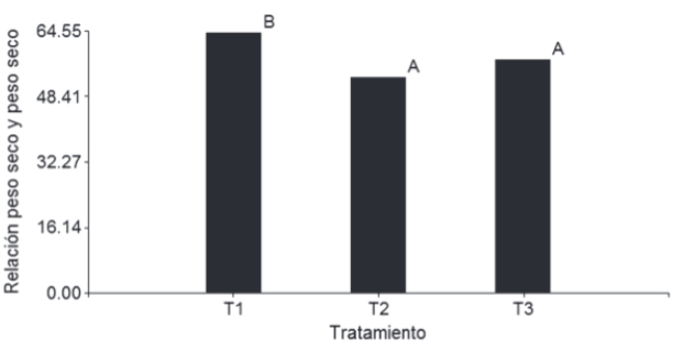 Figura 6. Relación peso seco y peso fresco respecto al sistema de fertirriego