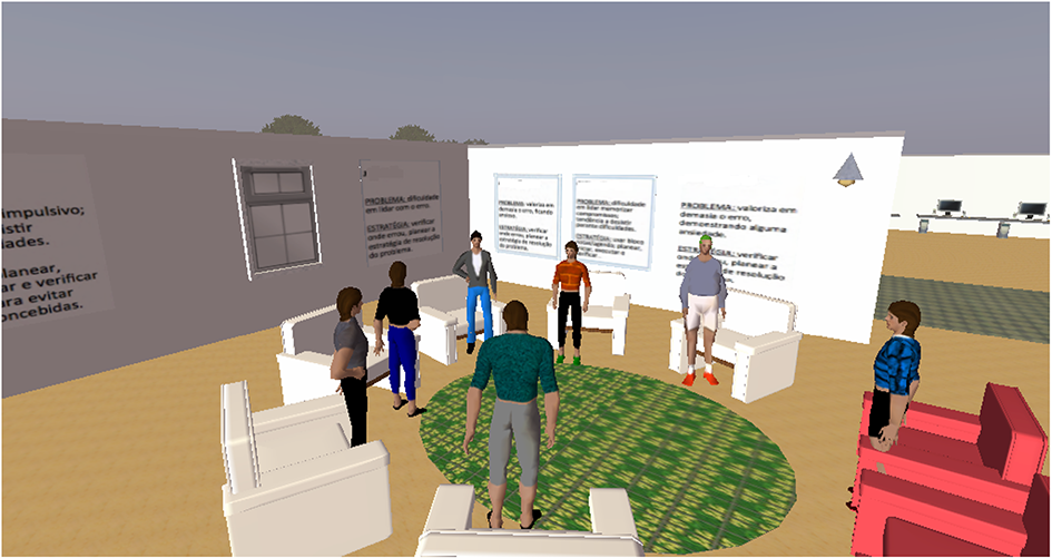  Example of a “hot seat” psychosocial rehabilitation session, in which participants and therapist are represented by an avatar