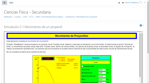 Simulación agregada al curso de física para secundaria creado en Moodle