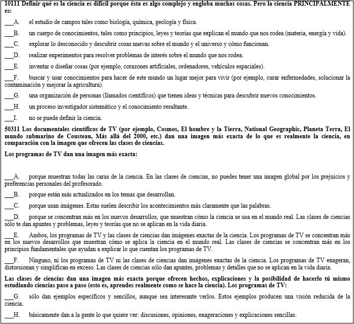 Contenido
de los cuestionarios: 10111 y 50311
