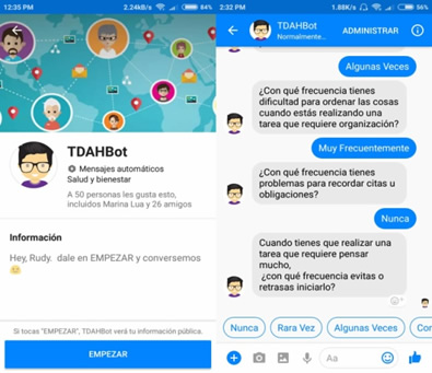 Interfaz del TDAHBot estado
inicial e imagen de las preguntas del cuestionario implementado