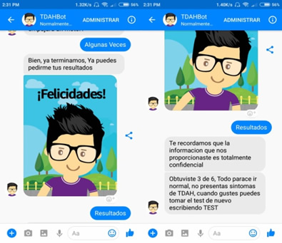 Interfaz
con el mensaje al finalizar el cuestionario y la presentación de resultados