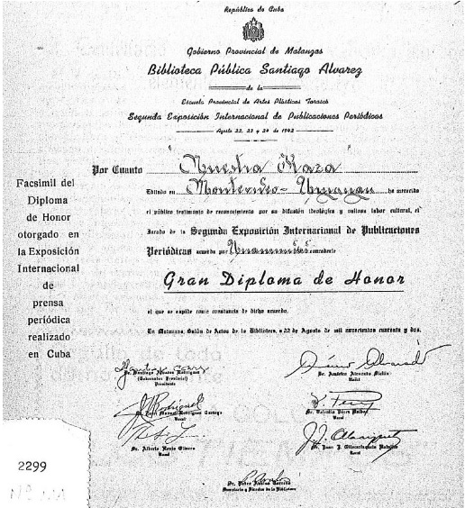 Car&aacute;tula del n&uacute;mero 111 de Nuestra Raza con el diploma de
Matanzas