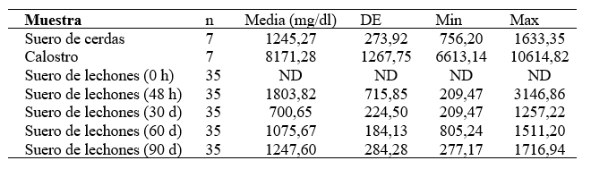 Concentración
de IgG (mg/dl) en suero y calostro de cerdas y suero de crías a diferentes
intervalos de tiempo. ND = no determinado; h = horas; d = días; n = número de
animales