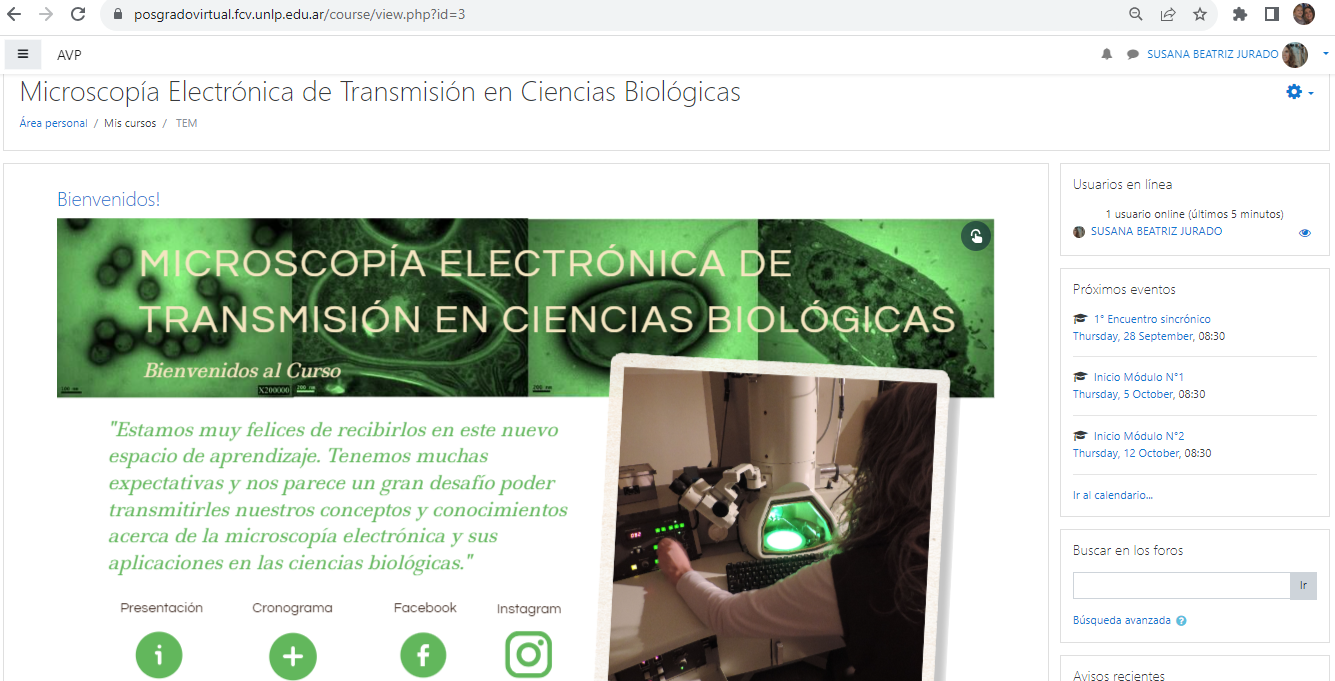 Aula
  virtual del curso de posgrado “La
  microscopía electrónica de transmisión en ciencias biológicas” en la
  Plataforma Moodle (captura de pantalla).
