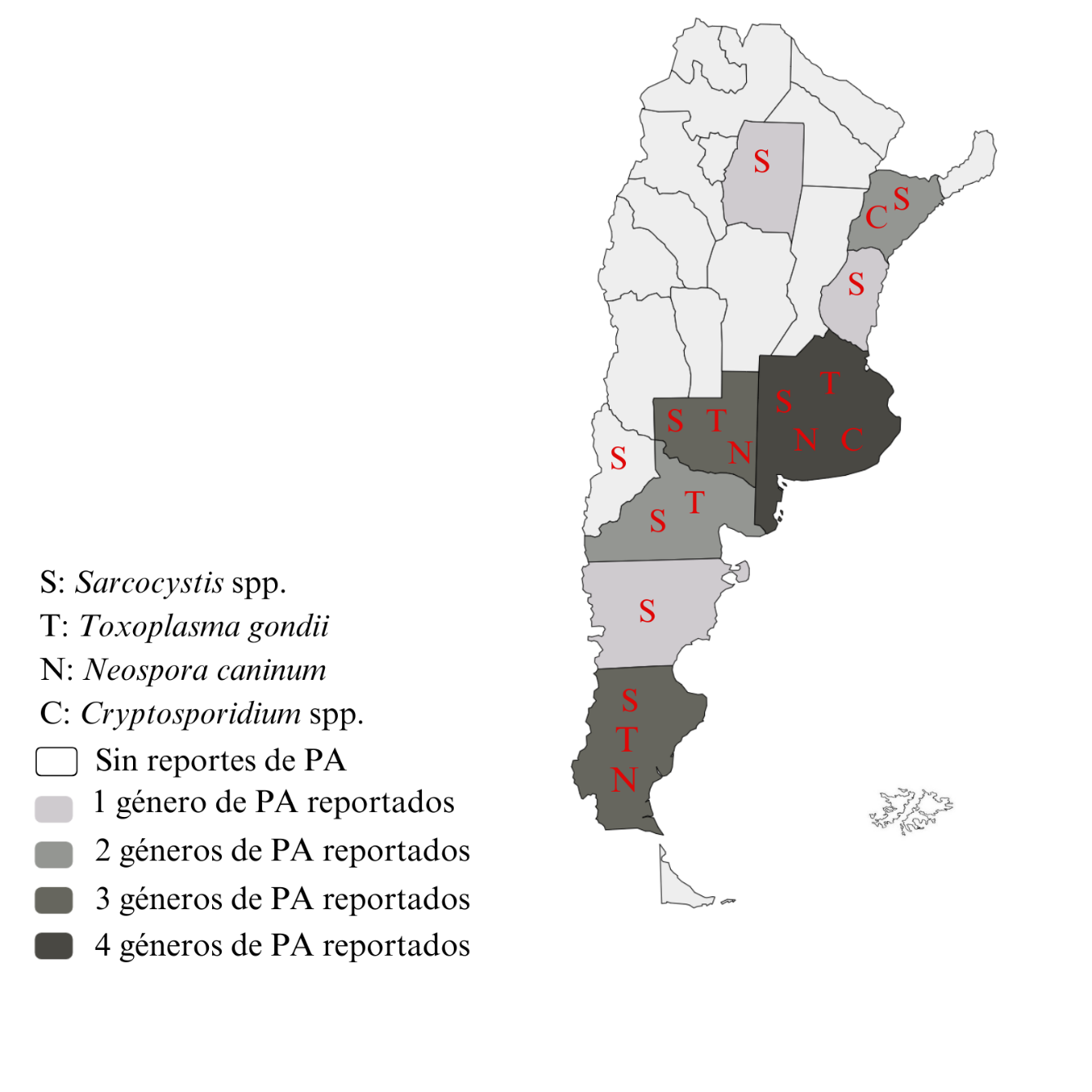 Cantidad de géneros de protozoarios apicomplexa (PA) reportados por provincia en Argentina.