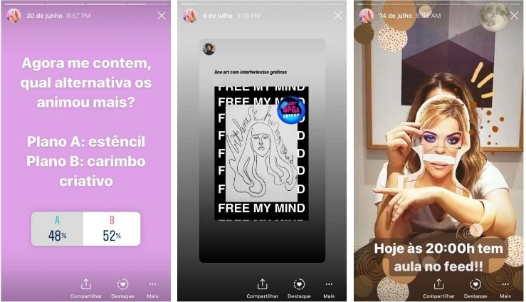 Exemplos de publicações efetuadas nos stories do perfil
destinado ao Curso Online de Técnicas de ilustração de moda criativa