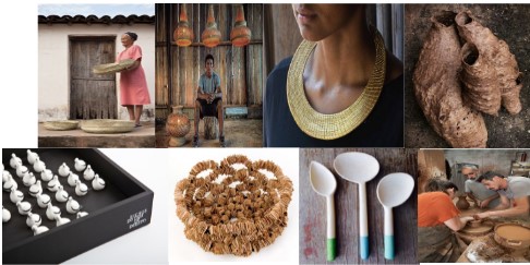  Cesto da coleção Toca da Palha da Associação das Mulheres Artesãs de Várzea
Queimada com o designer Marcelo Rosenbaum, Piauí́, BR / Luminária Kuripako dos artífices
das regiões ribeirinhas do Amazonas com o designer Sérgio Matos, Amazonas, BR /
Peça do Catálogo ‘Ouro Vivo’ dos artífices do povoado do Mumbuca com o designer
Renato Imbroisi, Parque Estadual do Jalapão, Tocantins, BR / Casulos dos
artífices da Capitania das Fibras com a designer Mazarelo Carneiro de Miranda, Capitão
Enéas, Minas Gerais, BR / Jogo Resta 1 da coleção Bichos do Mar de Dentro dos artesãos
do projeto Artesanato do Mar de Dentro com equipe liderada por Renato Imbroisi,
Costa Doce, Rio Grande do Sul, BR / Fruteira Renda da Associação Arte Helvécia
com a designer Paula Dib, Bahia, BR / Colheres da Associação dos Jovens da Jureia
com as designers Paula Dib e Renata Mendes, São Paulo, BR / Banco Black Power dos
artífices do Projeto Arrastão com os designers Campana, São Paulo, BR /
Workshop de cerâmica dos artífices do Loulé Design Lab com o designer Henrique
Ralheta, Loulé / PT.