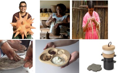 Peça do mestre Nena e designers d’O Imaginário, Pernambuco, BR / Vaso das artífices
de Itamatatiua com a designer Raquel Noronha e alunos do curso de Design da UFMA,
Maranhão, BR / O trançar da palha com a artífice da comunidade de Cocais das
Estrelas, designer Carla Paoliello e alunos do Unileste, Minas Gerais, BR /
Trabalho com a polpa desenvolvida a partir das fibras do tratamento primário
com o Grupo de Artesãs de Cachoeira Escura, a designer Carla Paoliello e alunos
do Unileste, Minas Gerais, BR / Tábua para travia de Joana Santos aluna
participante do projeto Designesart do designer Raul Cunca, Castelo Branco, PT
/ ‘Pedra sobre Pedra’ de Joana Silva Moreira e Hugo Cardoso alunos
participantes do projeto Agricultura Lusitana do designer João Nunes, Aldeias
do Xisto, PT /