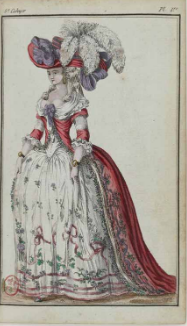 Claude
Louis Desrais. Gravurista: Duhamel. Dame en robe á la turque de satin cerise
ornée avec rubans violets, chapeau à plumes blanches... 1786