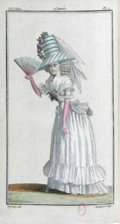 Duhamel. Dame
avec chapeau conique rayé en bleu et blanche… 1787