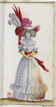 Duhamel. Dame
en chemise à la chinoise, avec col et manches plissé geométrique, ornée avec um
chapeau en Pagode... 1787