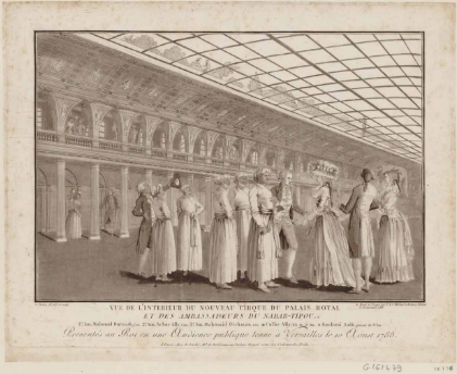 Charles
François Gabriel Le Vachez. Vue de l’interieur du nouveau cirque du Palais
Royal et des embassadeurs du Nabab-Tipou. 1788