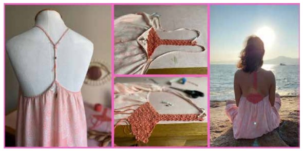 Sequência de fotos do
upcycling: aplicação de renda de bilro em vestido com defeito.